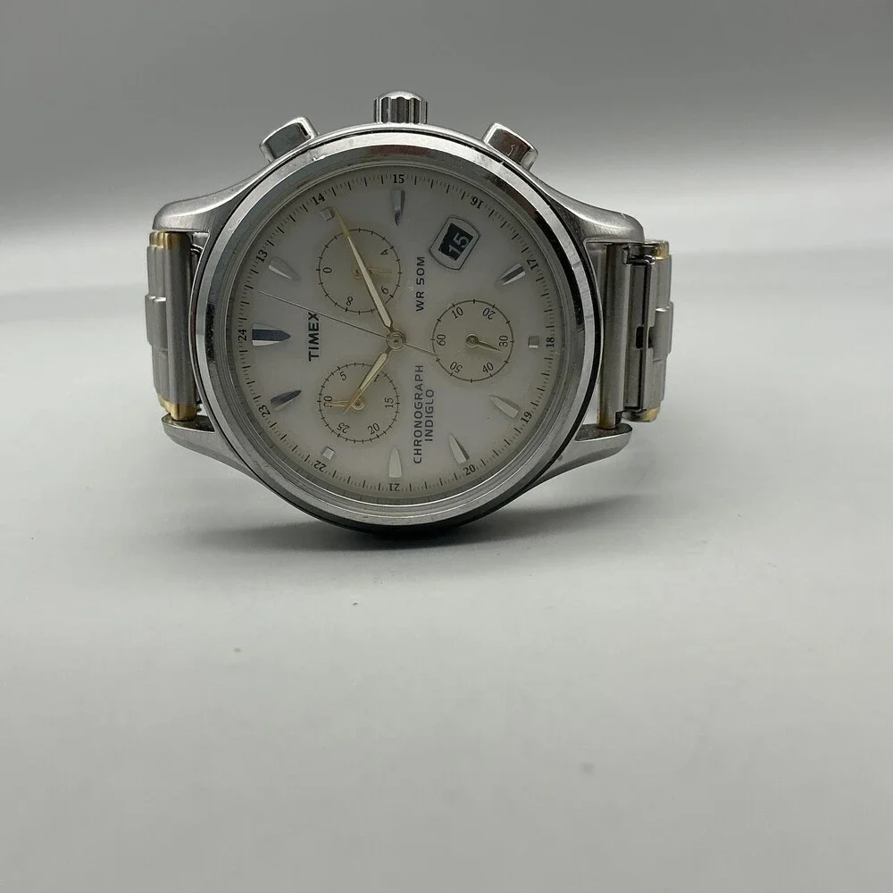 Timex Chronograph Indiglo Mens Watch 38mm Silver Tone Date Stretch New Battery